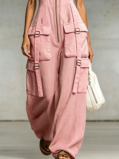 Pink Cotton-linen Multi-pocket Zippered Sleeveless Jumpsuit