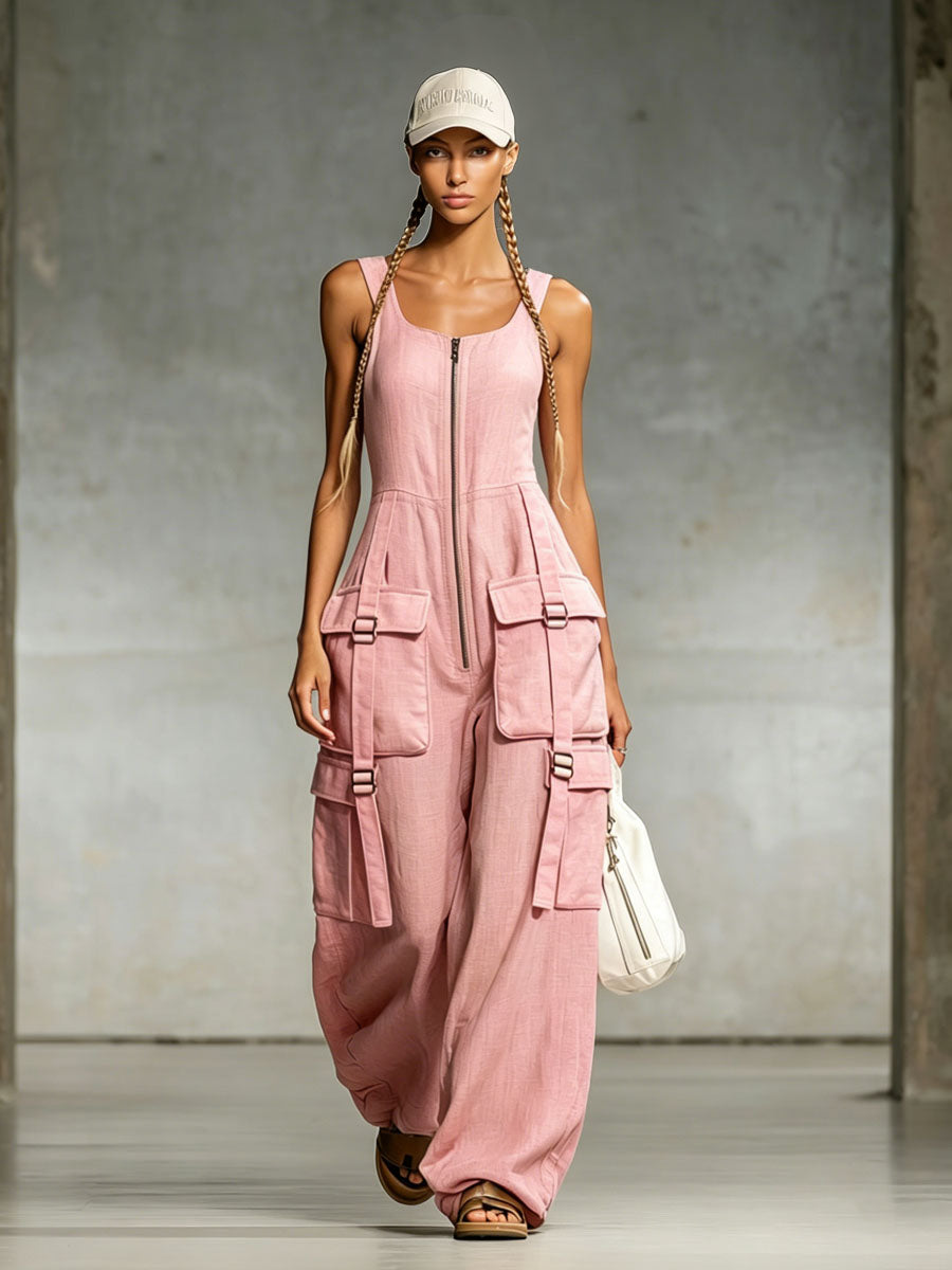 Pink Cotton-linen Multi-pocket Zippered Sleeveless Jumpsuit