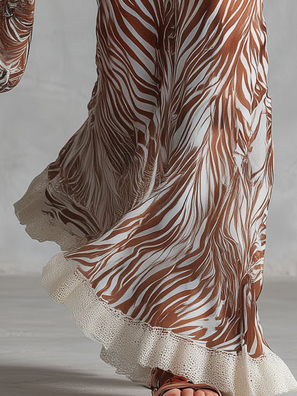 Retro Red Sleeveless Knit Vest And Zebra-print Chiffon Lace Flared Pants Set