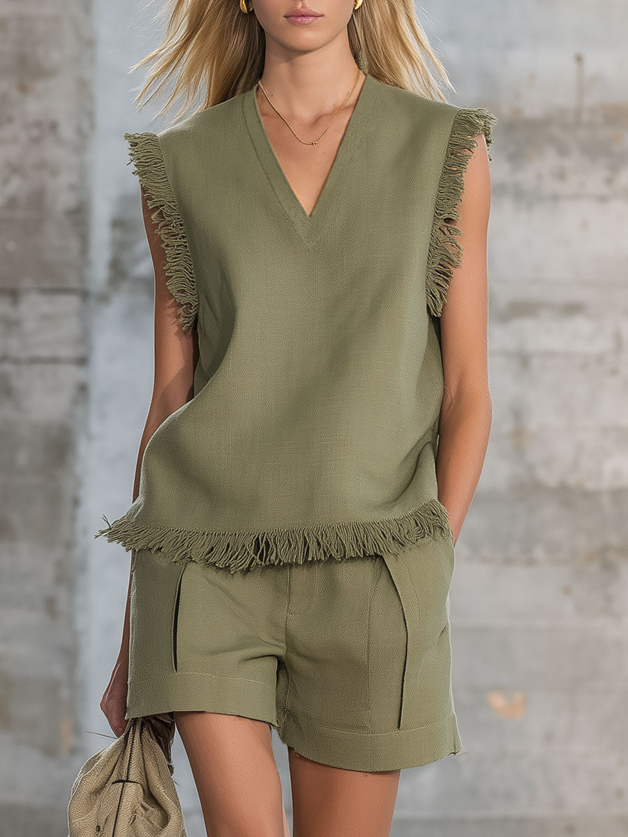 Retro Green V-neck Cotton Linen Short-sleeved T-shirt And Shorts Set