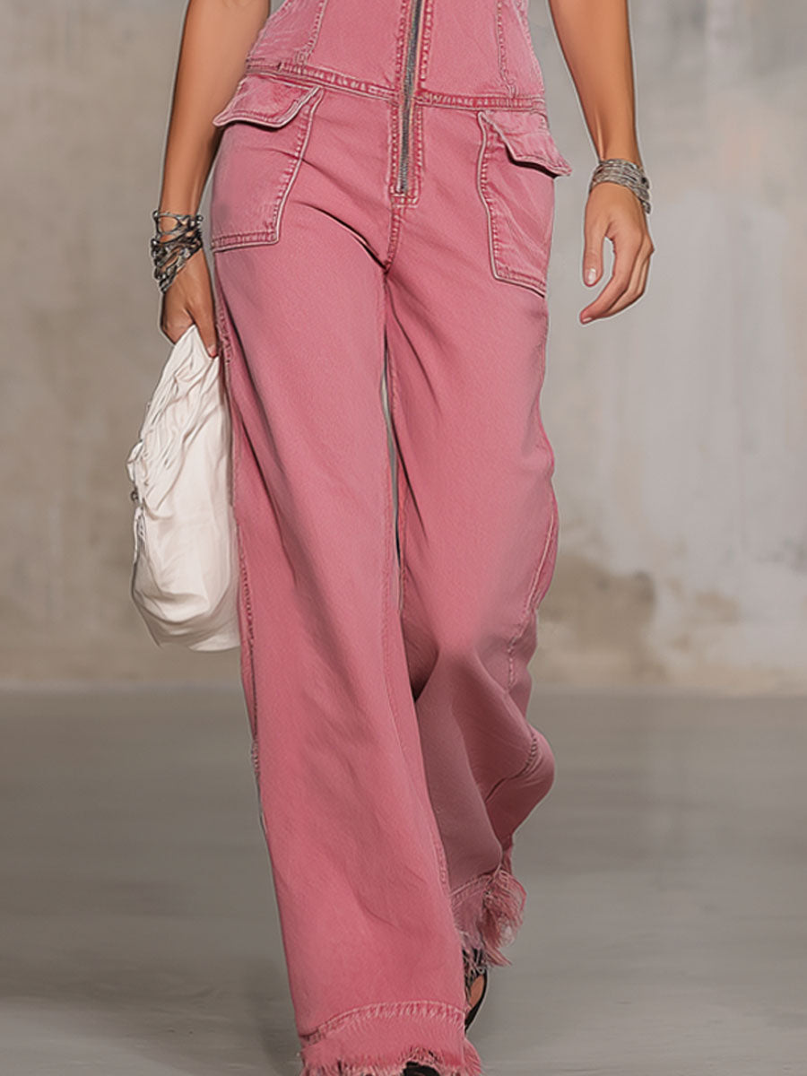 Retro Pink Denim Sleeveless Jumpsuit