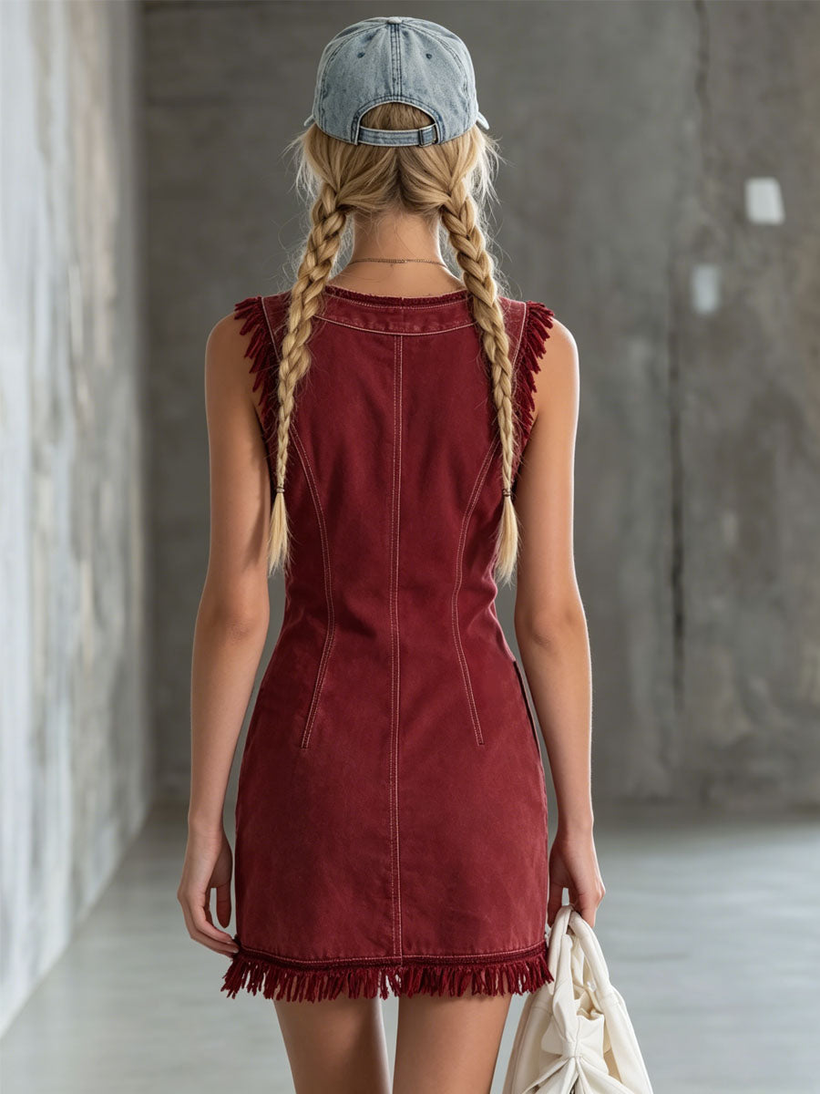 Retro Burgundy Denim Fringed Sleeveless Mini Dress