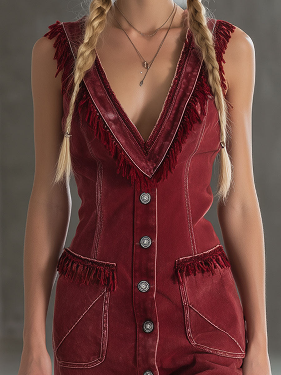 Retro Burgundy Denim Fringed Sleeveless Mini Dress