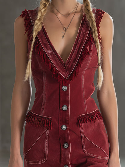 Retro Burgundy Denim Fringed Sleeveless Mini Dress
