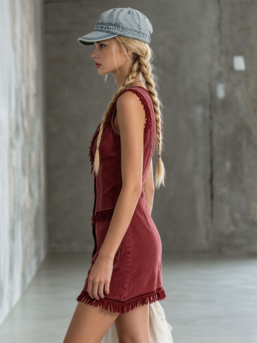 Retro Burgundy Denim Fringed Sleeveless Mini Dress