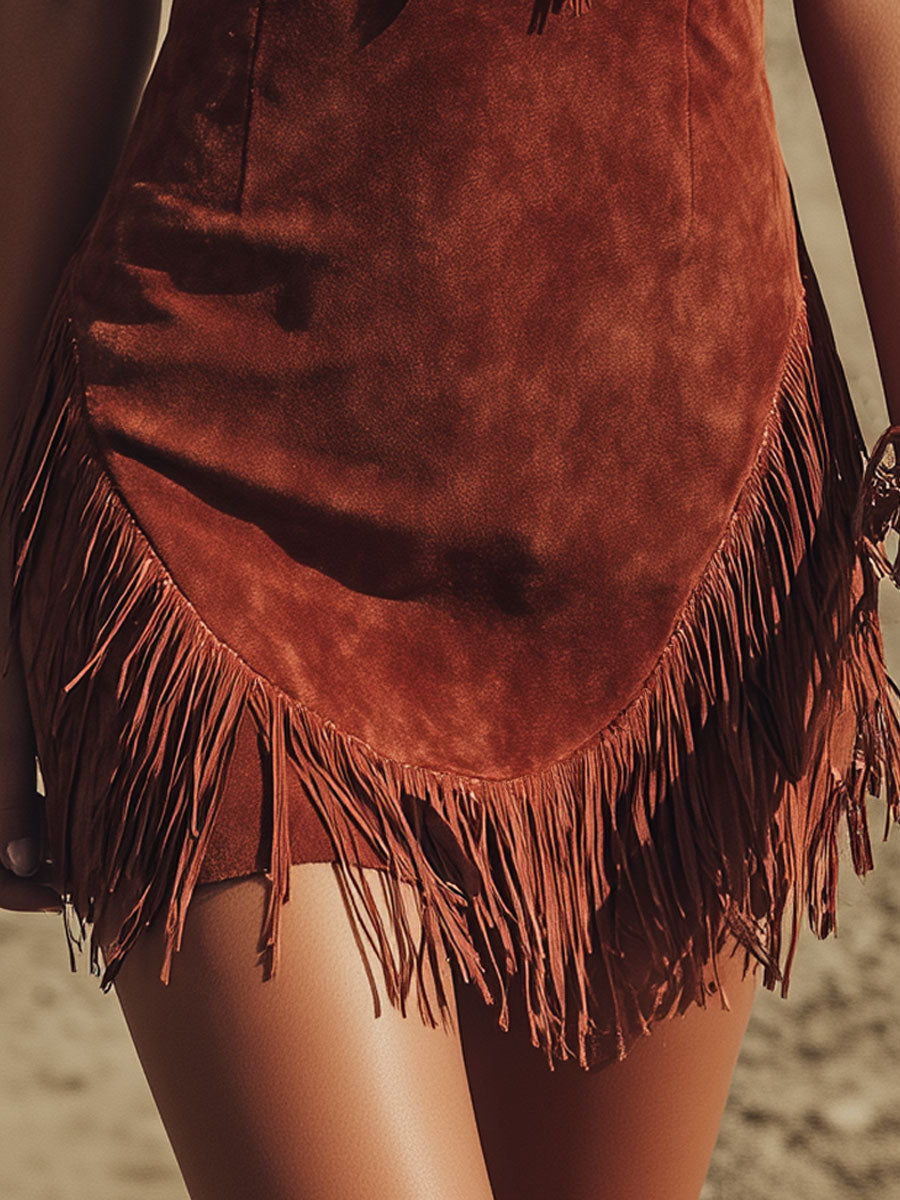 Western Retro Tassel Reddish-brown Sleeveless Faux Suede Mini Dress