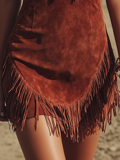 Western Retro Tassel Reddish-brown Sleeveless Faux Suede Mini Dress