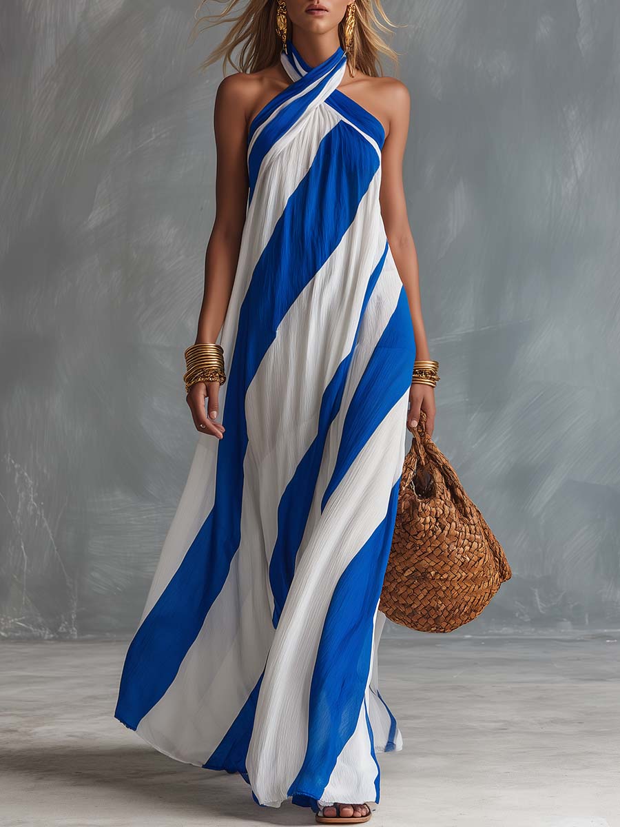 Santorini Breeze Flowing Cobalt Blue And White Stripes Chiffon Halter Maxi Dress