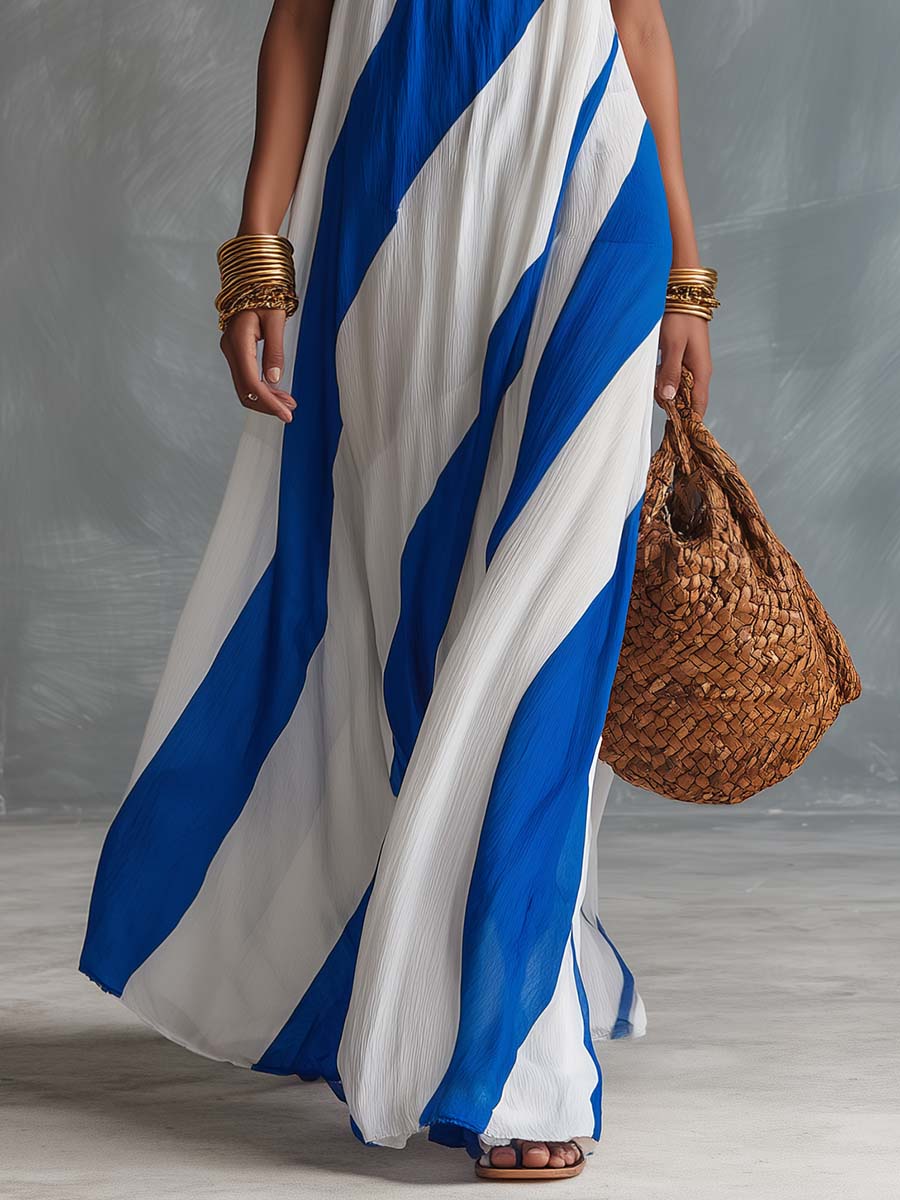 Santorini Breeze Flowing Cobalt Blue And White Stripes Chiffon Halter Maxi Dress