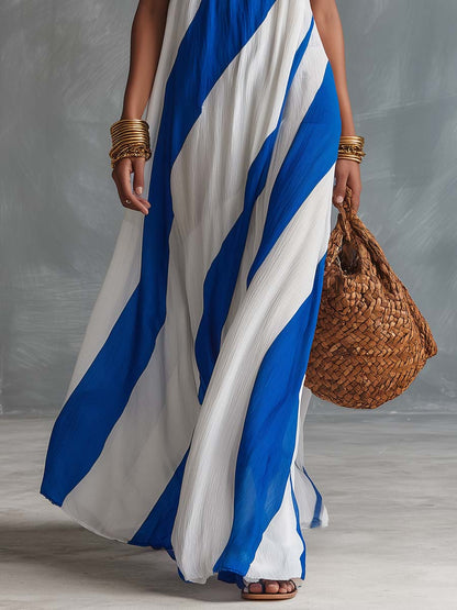 Santorini Breeze Flowing Cobalt Blue And White Stripes Chiffon Halter Maxi Dress