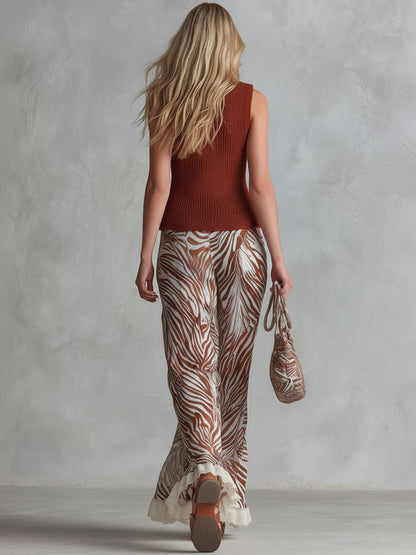 Retro Red Sleeveless Knit Vest And Zebra-print Chiffon Lace Flared Pants Set