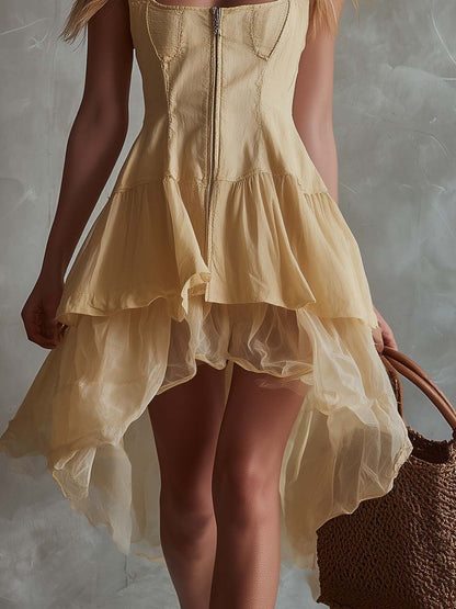 Buttercream Denim Mini Dress With Sheer Organza Layers