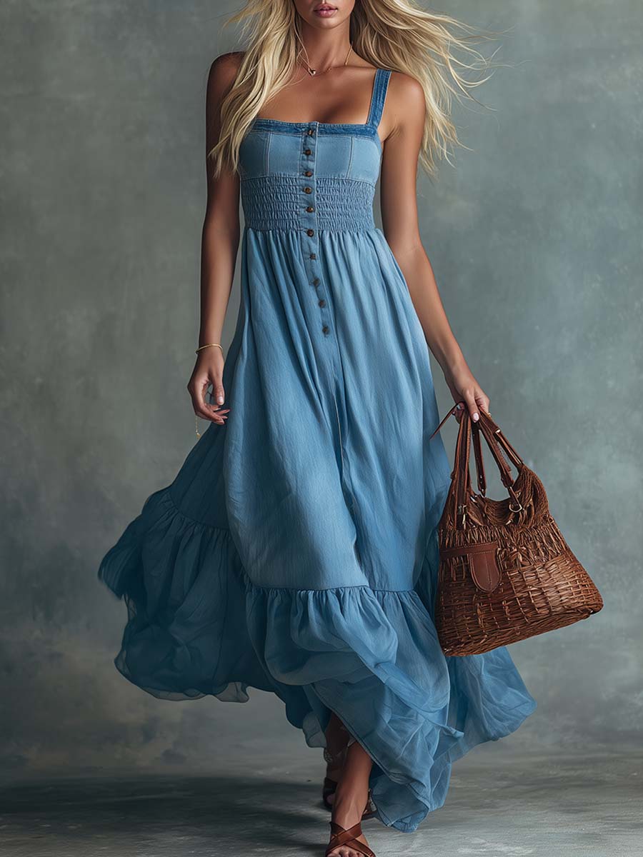 Elara Washed Denim Maxi Dress With Sheer Organza Hem