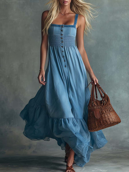 Elara Washed Denim Maxi Dress With Sheer Organza Hem