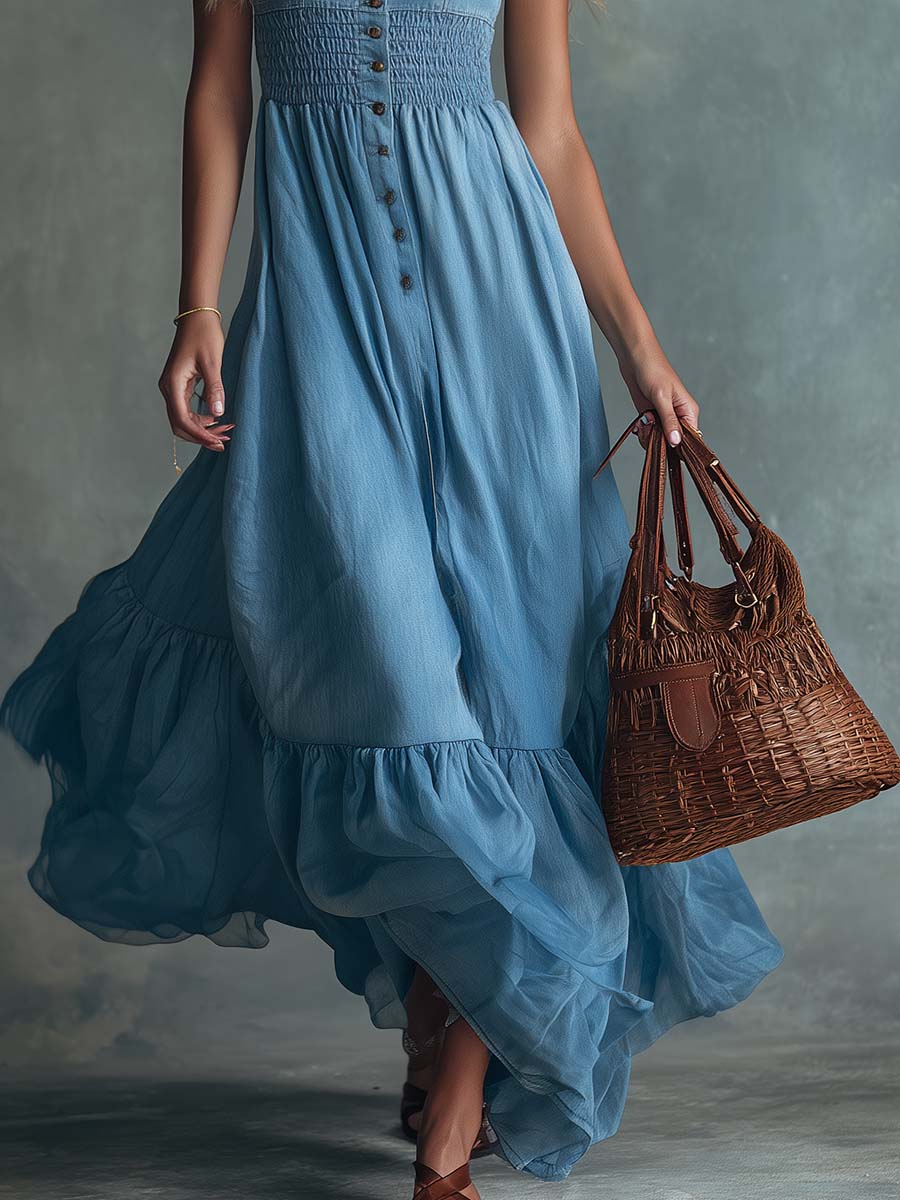 Elara Washed Denim Maxi Dress With Sheer Organza Hem