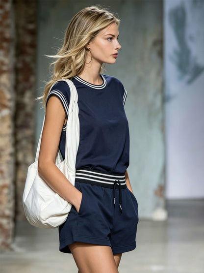 Color-blocked Crew Neck Cotton Sleeveless Top And Shorts Set