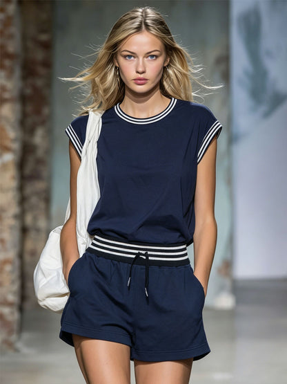 Color-blocked Crew Neck Cotton Sleeveless Top And Shorts Set