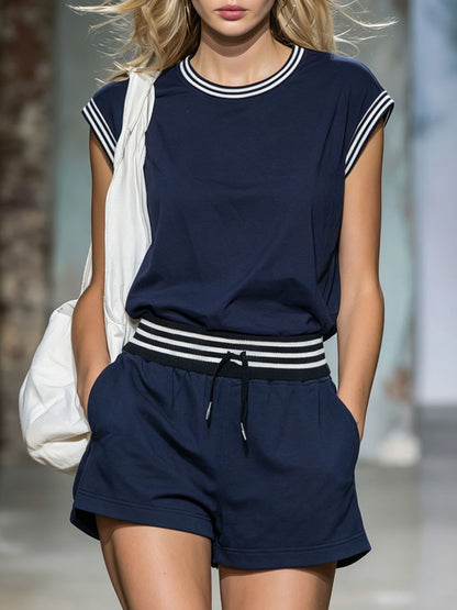 Color-blocked Crew Neck Cotton Sleeveless Top And Shorts Set