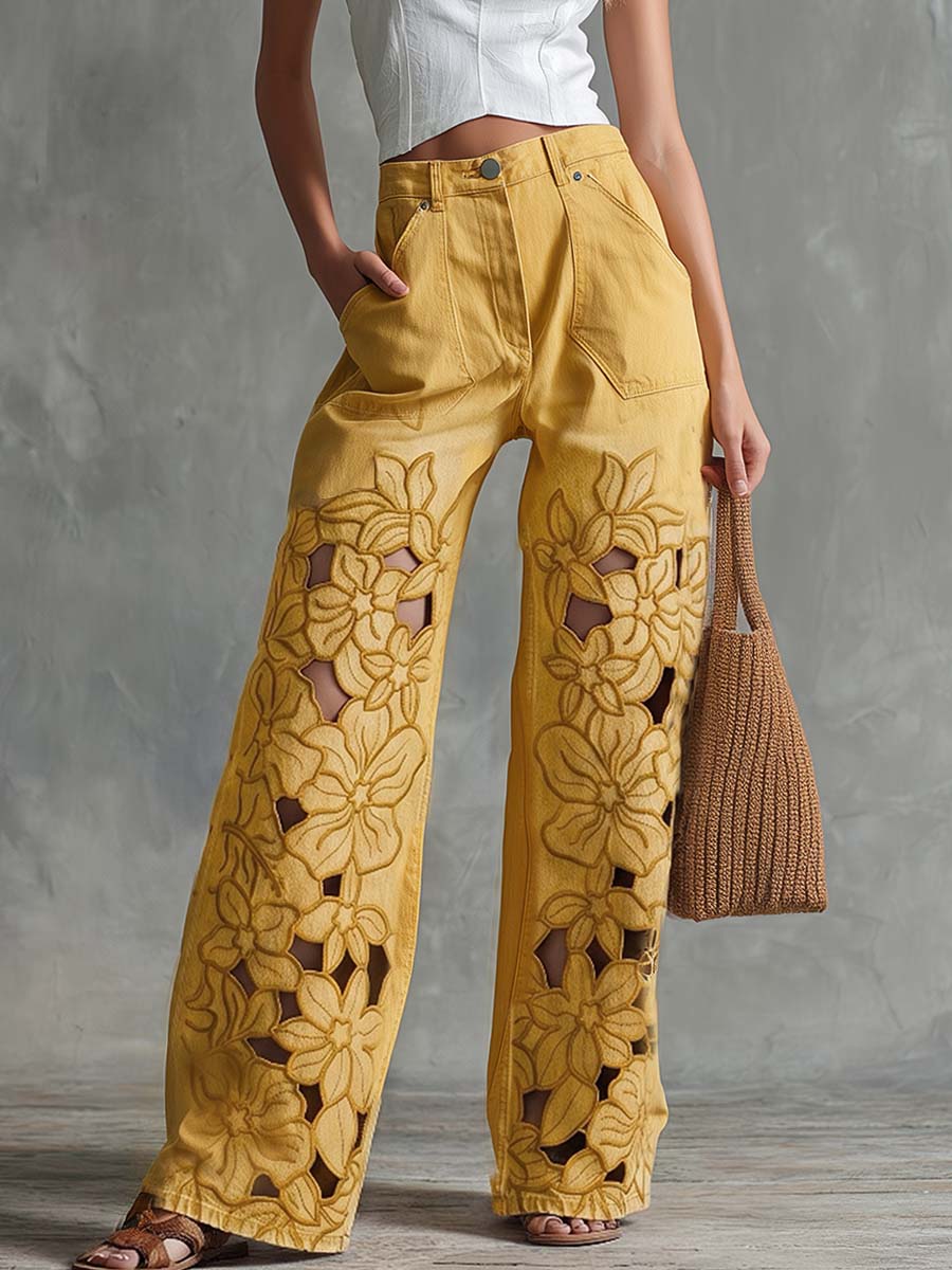 Solara Butter Yellow Floral Cutout Denim Pants