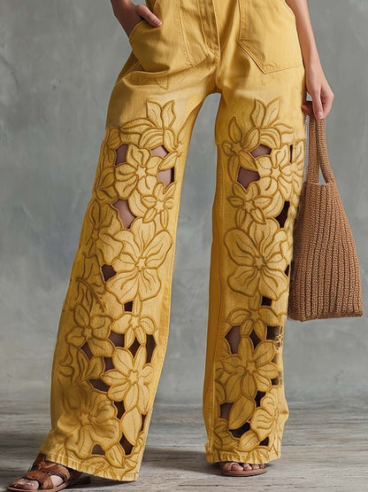 Solara Butter Yellow Floral Cutout Denim Pants
