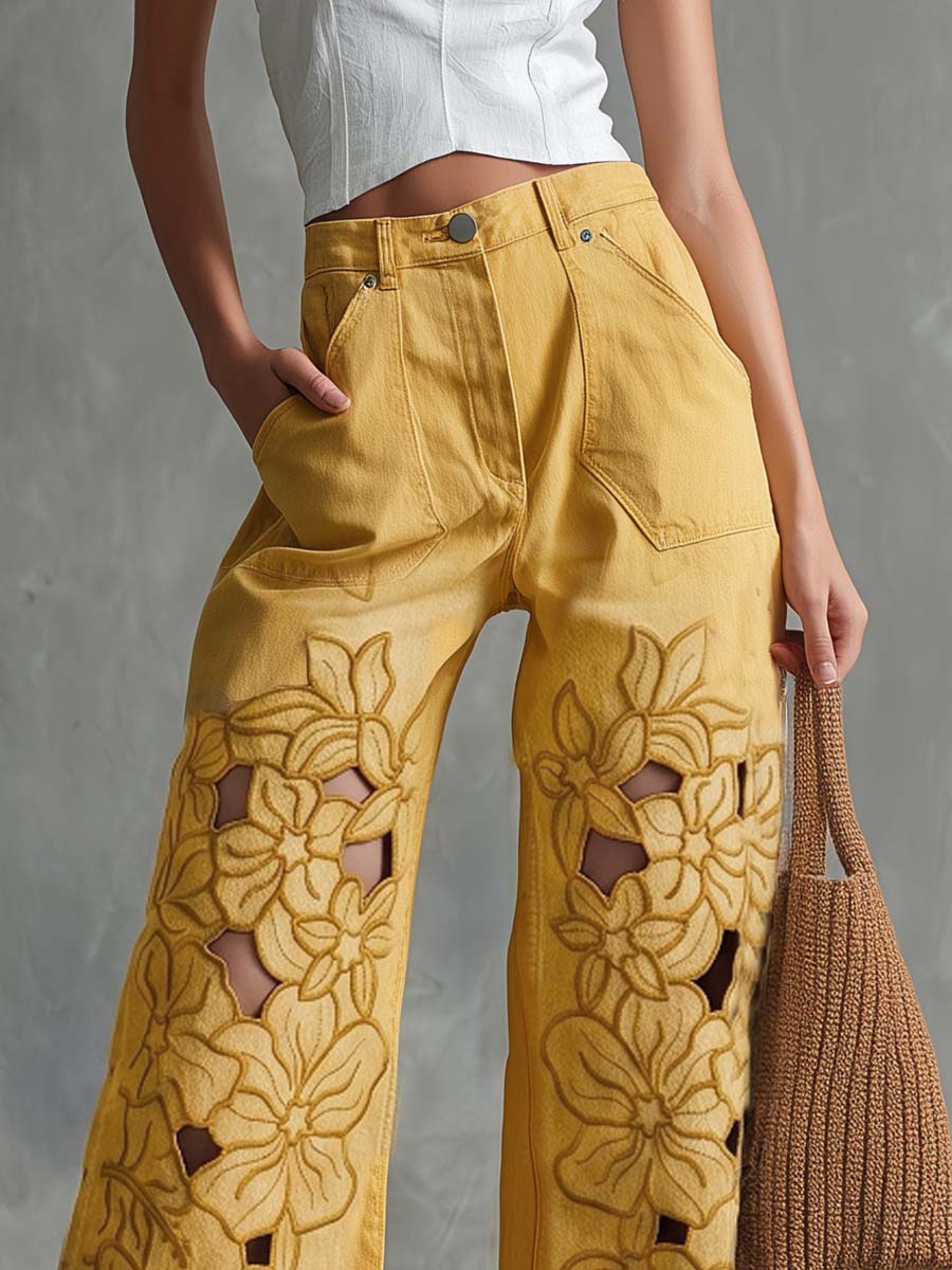 Solara Butter Yellow Floral Cutout Denim Pants