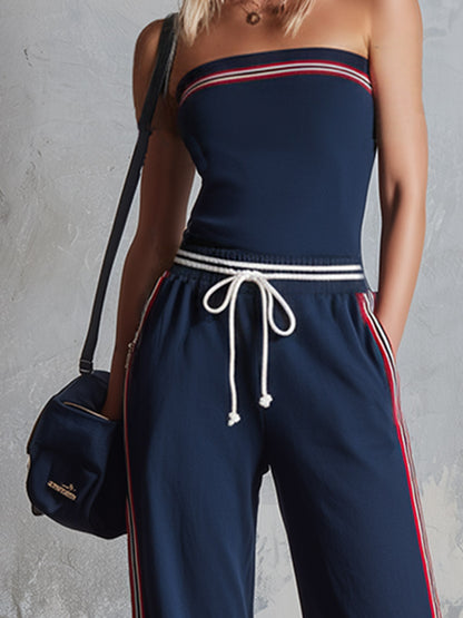 Retro-Sporty Striped-Trim Navy Cotton Off-Shoulder Jumpsuit