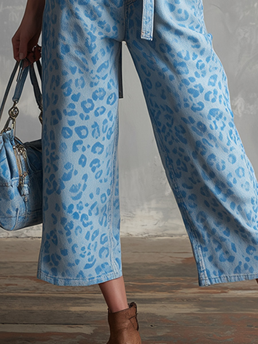 Chic &amp; Versatile Light Blue Leopard Print Denim Cropped Jumpsuit