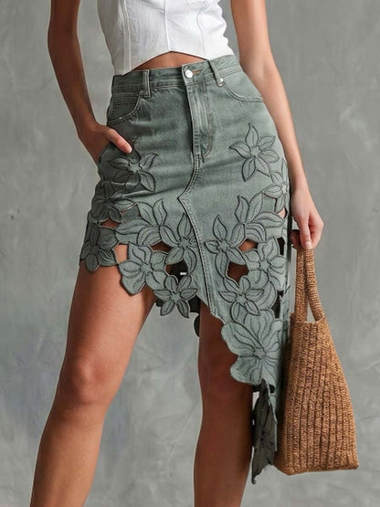 Solene Sage Floral Cutout Denim Skirt Effortless Artisan Detail With A Feminine Edge
