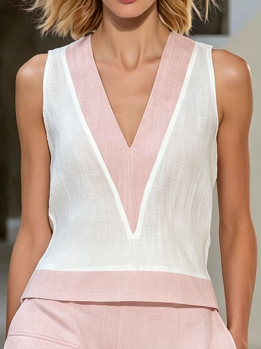 Color-blocked V-neck Cotton Linen Sleeveless Top And Shorts Set