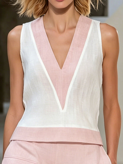 Color-blocked V-neck Cotton Linen Sleeveless Top And Shorts Set