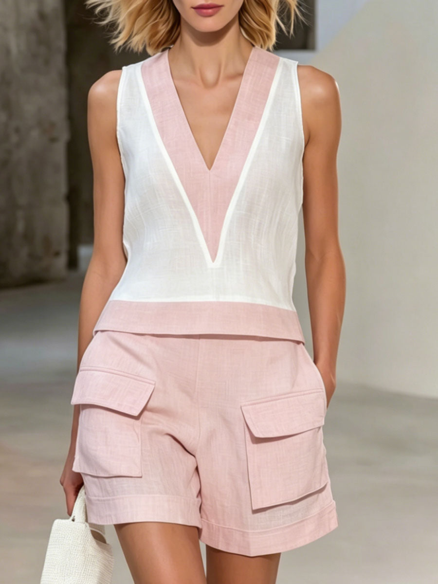 Color-blocked V-neck Cotton Linen Sleeveless Top And Shorts Set