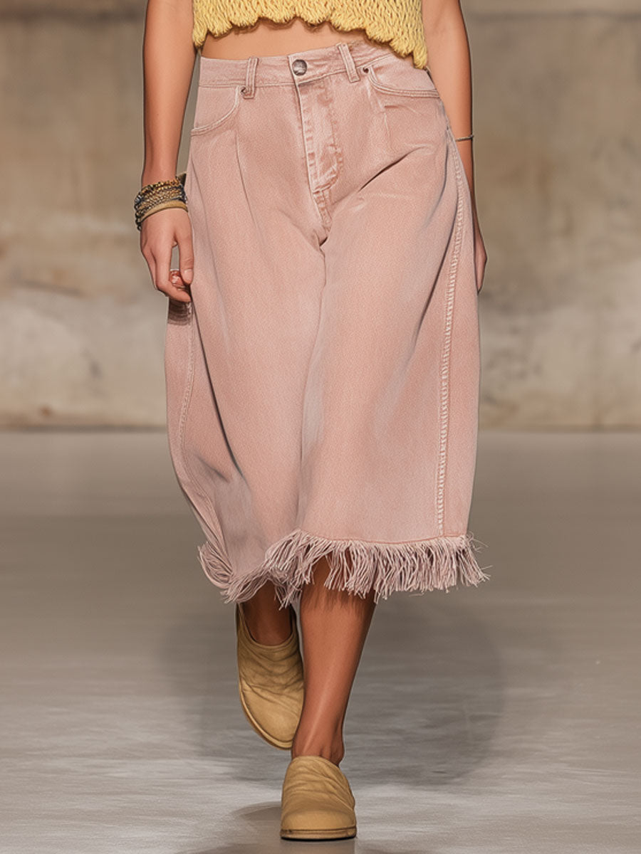 Fashionable Retro Tassel Pink Cropped Jeans