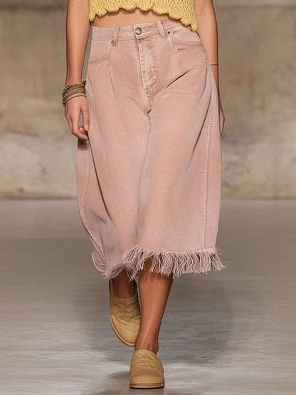 Fashionable Retro Tassel Pink Cropped Jeans
