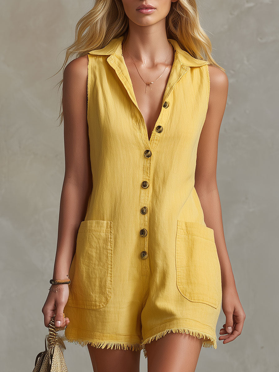 Casual Retro Yellow Collared Button Pocket Cotton Linen Shorts Jumpsuit