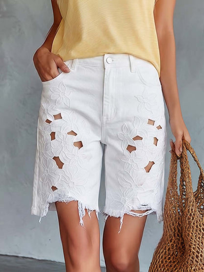 Solene White Floral Cutout Denim Shorts Effortless Coastal Detail For Sunlit Days