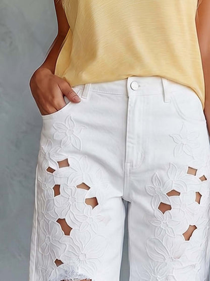 Solene White Floral Cutout Denim Shorts Effortless Coastal Detail For Sunlit Days