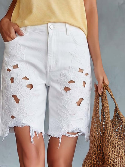 Solene White Floral Cutout Denim Shorts Effortless Coastal Detail For Sunlit Days