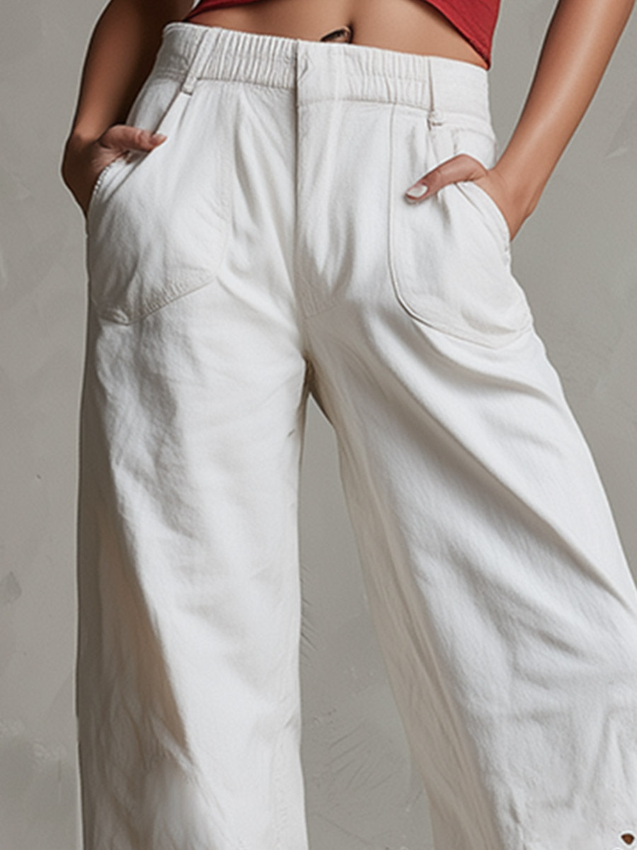 Retro-Chic &amp; Versatile White Denim Openwork Floral Design Wide-Leg Pants