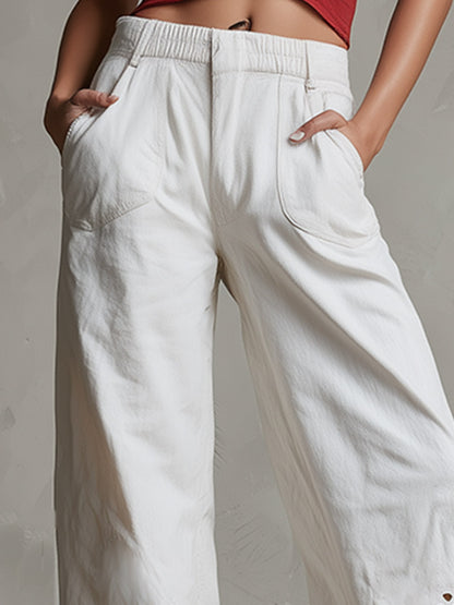 Retro-Chic &amp; Versatile White Denim Openwork Floral Design Wide-Leg Pants