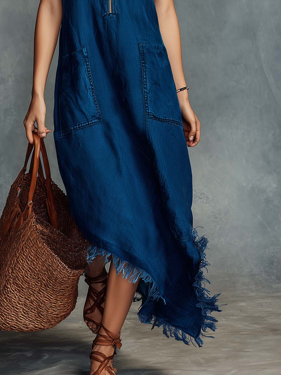 Calista Indigo Zip Front Denim Maxi Dress Effortless Boho Movement