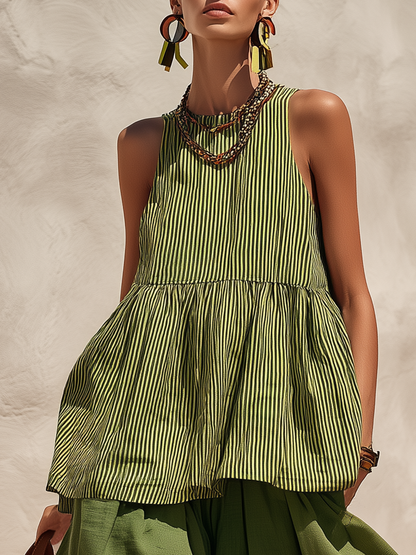Retro Vacation Striped Cotton And Linen Tank Top