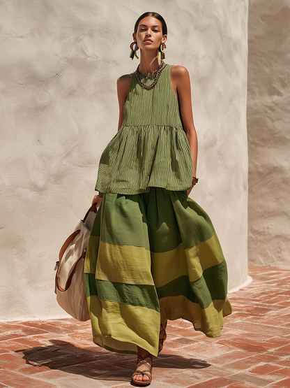 Retro-style Vacation Color-blocked Cotton And Linen Wide-leg Pants