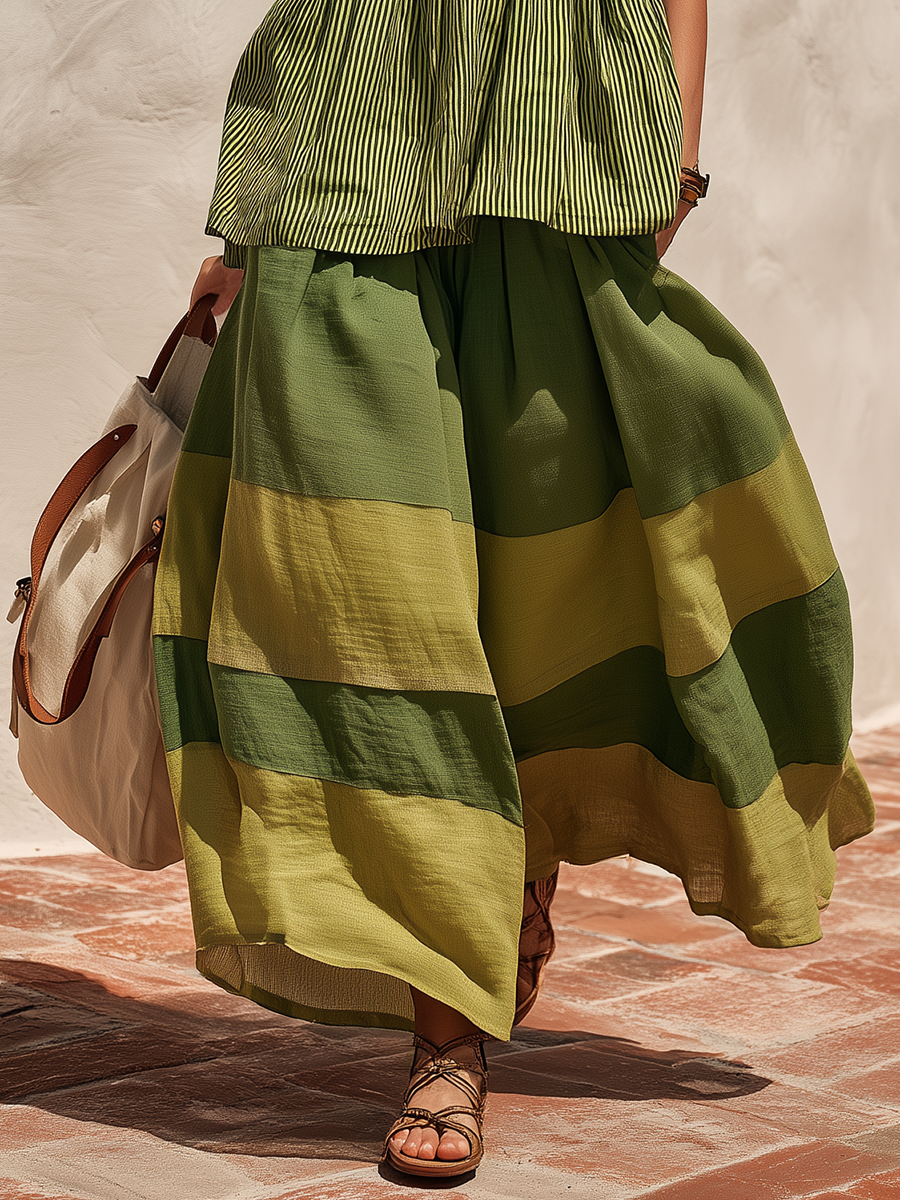 Retro-style Vacation Color-blocked Cotton And Linen Wide-leg Pants