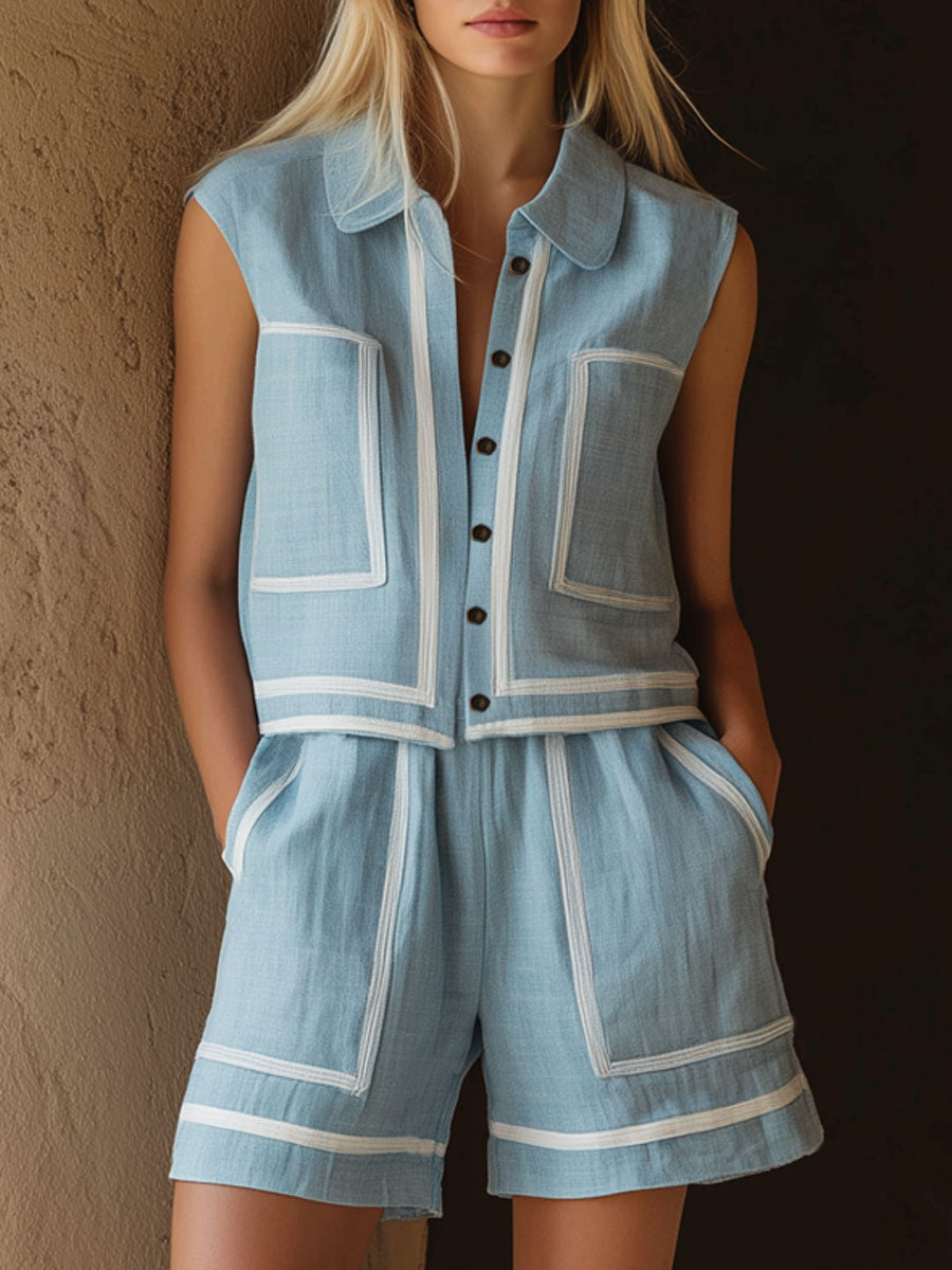 Retro Cotton-linen Collared Sleeveless Shirt And Shorts Set