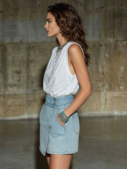 Retro Light Blue Denim Skirt And Shorts