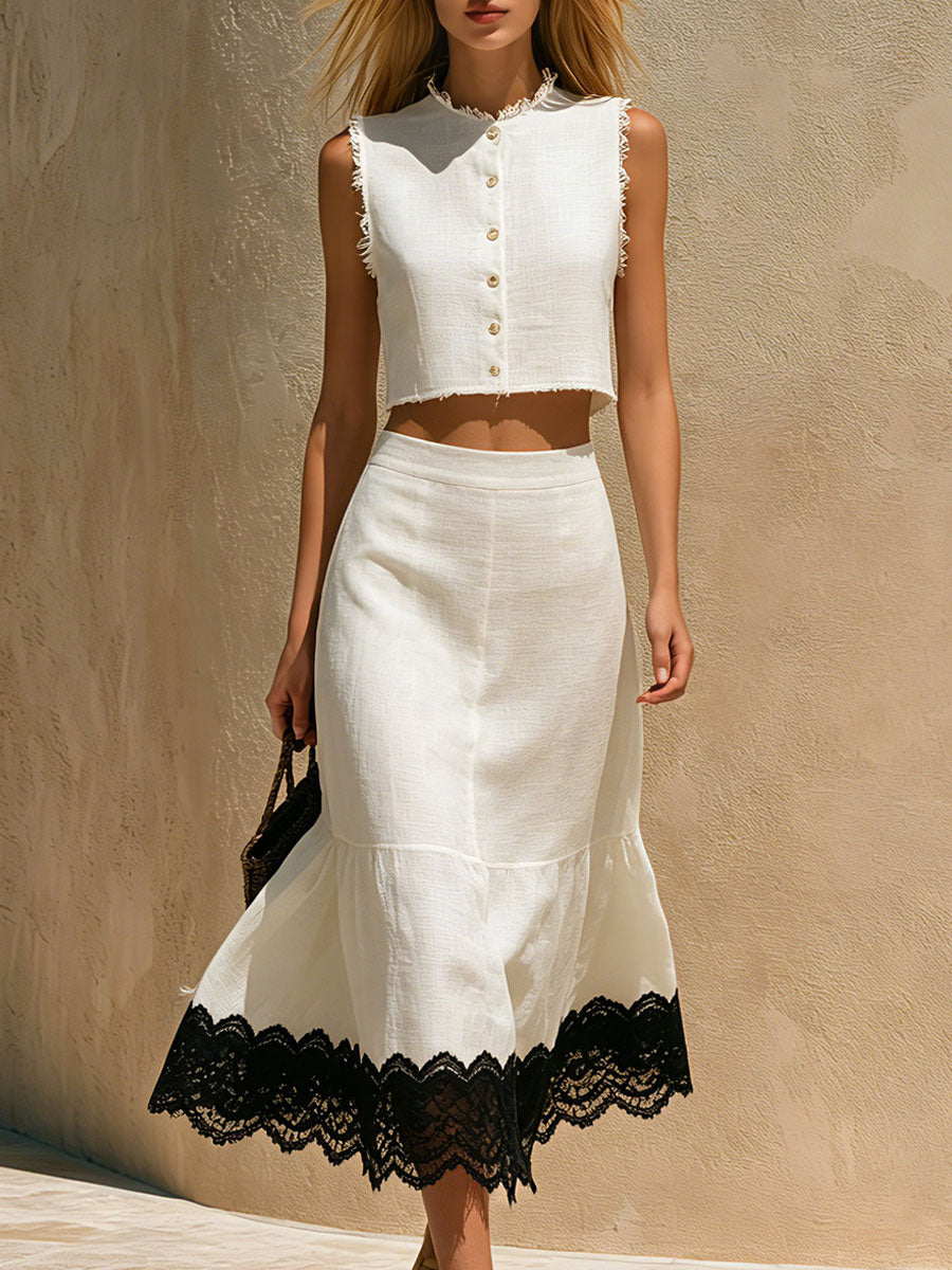 Retro-elegant Color-blocked Lace White Sleeveless Cotton-linen Shirt And Skirt Set