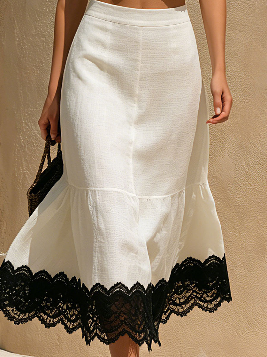 Retro-elegant Color-blocked Lace White Sleeveless Cotton-linen Shirt And Skirt Set