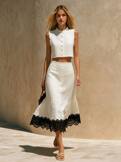 Retro-elegant Color-blocked Lace White Sleeveless Cotton-linen Shirt And Skirt Set