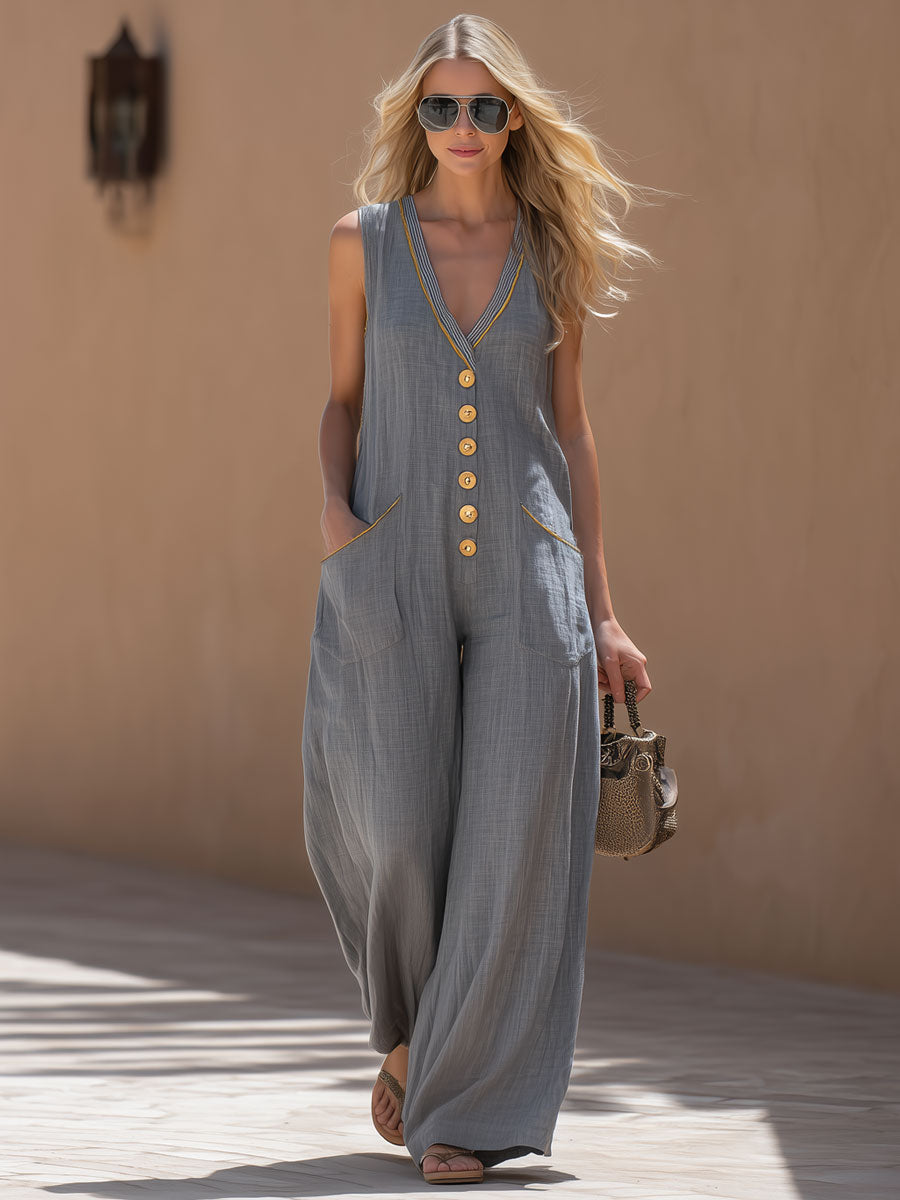 Casual Retro Color-blocked Ribbon Gray Sleeveless Cotton And Linen Jumpsuit