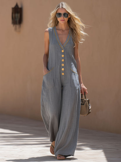 Casual Retro Color-blocked Ribbon Gray Sleeveless Cotton And Linen Jumpsuit